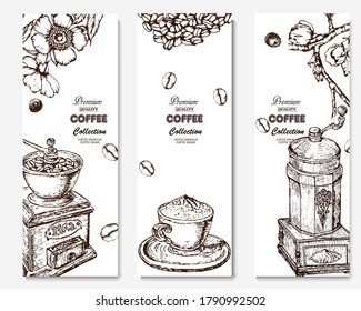 Ilustración del café. Banner vector dibujado a mano. Cafetera, alubias, flor, rama. 