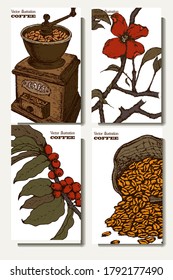 Coffee illustration. Hand drawn vector banner. Coffee maker, beans, flower, branch. 