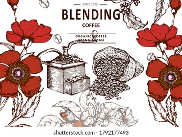 Coffee illustration. Hand drawn vector banner. Coffee maker, beans, flower, branch. 