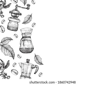 Kaffeemaschine. Handgezeichneter Vektorbanner. Kaffeebohnen, Blätter, Ast, Kaffeemaschine. Alternative Braumethode.