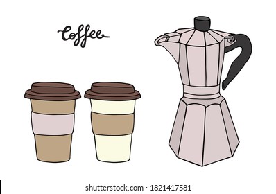 Coffee illustration. Kettle, cups, cappuccino, espresso and title vector sketch