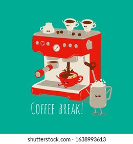 Coffee illustration, coffee machine making coffee with milk in the funny red cup. Coffee technology. Use for the menu, in the shop, in the bar, the card or stickers. Easy to edit. Vector illustration.