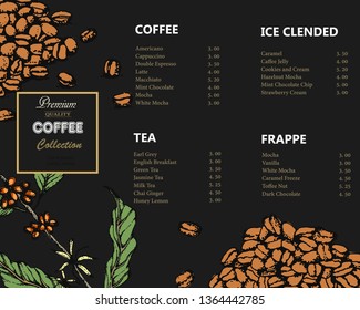 Coffee illustration menu. Hand drawn vector coffee banner. Coffee beans, leaves, branch, cup, flowers.