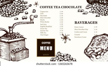 Coffee illustration menu. Hand drawn vector coffee banner. Coffee and cocoa  beans, leaves, branch,  flowers.