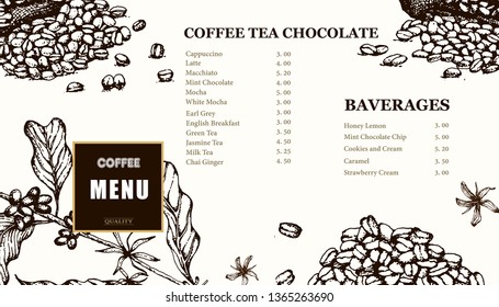 Coffee illustration menu. Hand drawn vector coffee banner. Coffee beans, leaves, branch,  flowers.