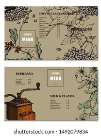 Coffee illustration menu. Hand drawn vector banner. Coffee beans, leaves, branch, flowers, birds