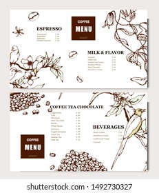 Coffee illustration menu. Hand drawn vector banner. Coffee beans, leaves, branch, flowers, birds