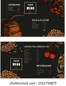 Coffee illustration menu. Hand drawn vector banner. Coffee beans, leaves, branch, cup, flowers. coffe macine