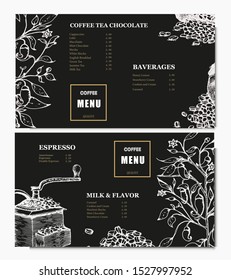 Coffee illustration menu. Hand drawn vector banner. Coffee beans, leaves, branch, flowers, coffee macine