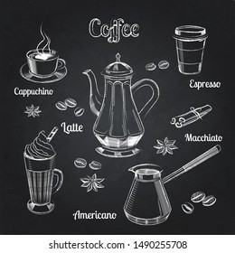Coffee illustration on a chalkboard hand drawn collection. Vector sketch illustration set with cezve, Kettle, Cups, Latte, Cinnamon, Star Anise, Coffee Beans design. Hand drawn vector banner. 