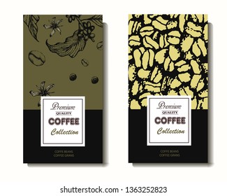 Coffee illustration on label packaging design. Hand drawn vector coffee banner. Coffee beans, leaves, branch, cup, flowers.