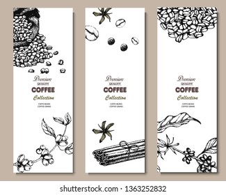 Coffee illustration on label packaging design. Hand drawn vector coffee banner. Coffee beans, leaves, branch, cup, flowers, cinnamon