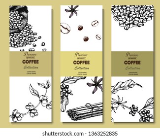 Coffee illustration on label packaging design. Hand drawn vector coffee banner. Coffee beans, leaves, branch, cup, flowers, cinnamon