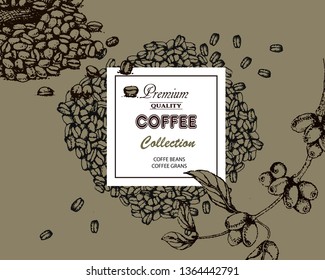 Coffee illustration on label packaging design. Hand drawn vector coffee banner. Coffee beans, leaves, branch, flowers.