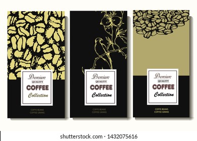 Coffee illustration on label packaging design. Hand drawn vector banner. Coffee beans, leaves, branch, flowers, bird