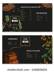 Coffee illustration on label packaging design. Hand drawn vector banner. Coffee beans, leaves, branch, flowers. Menu for the restaurant 