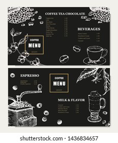 Coffee illustration on label packaging design. Hand drawn vector banner. Coffee beans, leaves, branch, flowers. Menu for the restaurant 