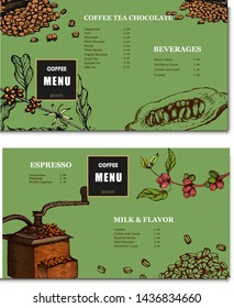 Coffee illustration on label packaging design. Hand drawn vector banner. Coffee and cocoa beans, leaves, branch, flowers. Menu for the restaurant 