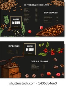 Coffee illustration on label packaging design. Hand drawn vector banner. Coffee beans, leaves, branch, flowers. Menu for the restaurant 