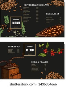 Coffee illustration on label packaging design. Hand drawn vector banner. Coffee beans, leaves, branch, flowers. Menu for the restaurant 