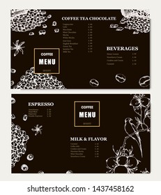 Coffee illustration on label packaging design. Hand drawn vector banner. Coffee beans, leaves, branch, flowers, bird. Menu for the restaurant 