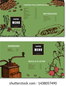 Coffee illustration on label packaging design. Hand drawn vector banner. Coffee and cocoa beans, leaves, branch, bird. Menu for the restaurant 