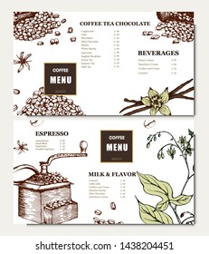 Coffee illustration on label packaging design. Hand drawn vector banner. Coffee beans, leaves, branch, flowers. Menu for the restaurant 