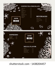 Coffee illustration on label packaging design. Hand drawn vector banner. Coffee beans, leaves, branch, flowers, viburnum. Menu for the restaurant 