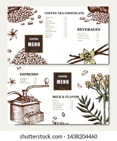 Coffee illustration on label packaging design. Hand drawn vector banner. Coffee beans, leaves, branch, flowers. Menu for the restaurant 
