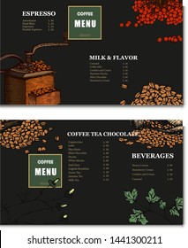 Coffee illustration on label packaging design. Hand drawn vector banner. Coffee beans, leaves, branch, flowers. Menu for the restaurant
