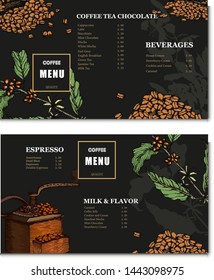 Coffee illustration on label packaging design. Hand drawn vector banner. Coffee beans, leaves, branch, flowers. Menu for the restaurant