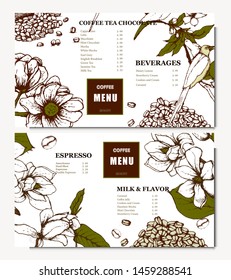 Coffee illustration on label packaging design. Hand drawn vector banner. Coffee beans, leaves, branch, flowers, bird.  Menu for the restaurant