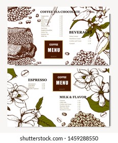 Coffee illustration on label packaging design. Hand drawn vector banner. Coffee beans, leaves, branch, flowers, bird.  Menu for the restaurant