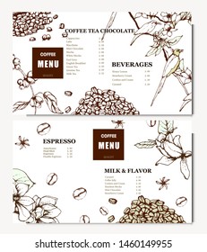 Coffee illustration on label packaging design. Hand drawn vector banner. Coffee beans, leaves, branch, flowers, bird.  Menu for the restaurant