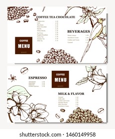 Coffee illustration on label packaging design. Hand drawn vector banner. Coffee beans, leaves, branch, flowers, bird.  Menu for the restaurant
