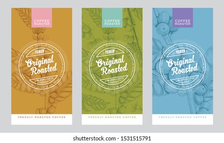 Coffee illustration on packaging or label design template. 3 color and design set.