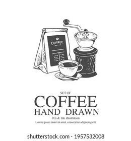 Coffee illustration Pen and Ink Style for Digital or Printing media.