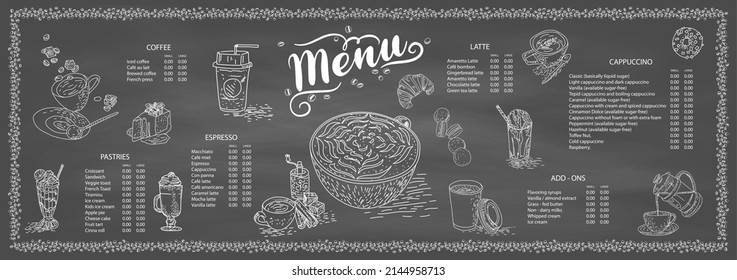 Coffee illustration for poster or menu template. Decorative sketch of cup of coffee. Restaurant cafe menu, template design. Food flyer. Vector.