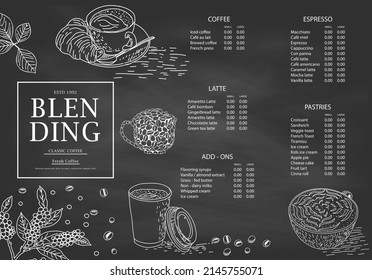 Coffee illustration for poster or menu template. Decorative sketch of cup of coffee. Restaurant cafe menu, template design. Vector.