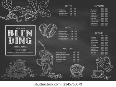 Ilustración del café para el afiche o la plantilla de menú. Esbozo decorativo de una taza de café. Menú de café restaurante, diseño de plantilla. Vector.