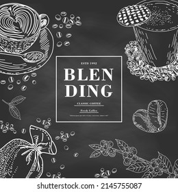 Coffee illustration for poster or menu template. Decorative sketch of cup of coffee. Restaurant cafe menu, template design. Vector.