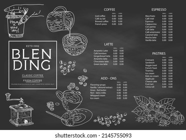 Coffee illustration for poster or menu template. Decorative sketch of cup of coffee. Restaurant cafe menu, template design. Vector.