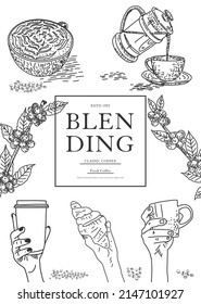 Kaffeemaschine für Poster oder Menüvorlagen. Dekorative Skizze der Tasse Kaffee. Restaurant Café-Menü, Vorlage Design. Vektorgrafik.