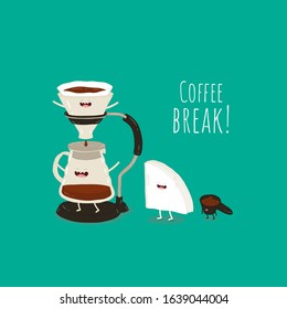 Coffee illustration pour-over maker image. Funny device for brewing coffee with filter and . Use for the menu, in the shop, in the bar, the card or stickers. Easy to edit. Vector illustration.