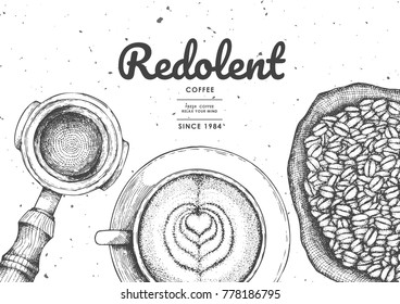 Coffee illustration for product label or packaging.Use by Pen & Ink Sketch Drawing Technique.