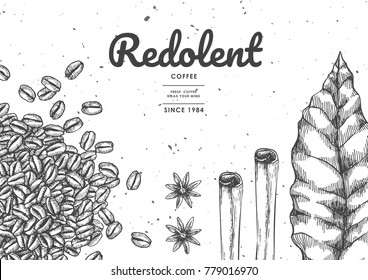 Coffee illustration for product label or packaging.Use by Pen & Ink Sketch Drawing Technique.