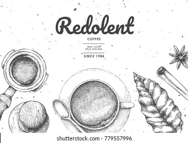 Coffee illustration for product label or packaging.Use by Pen & Ink Sketch Drawing Technique.