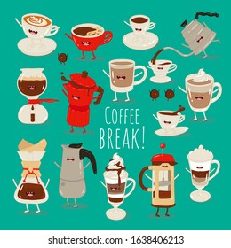 Coffee illustration set, coffee brew equipment. Collection of vector cup of coffee, french press, pots and kettles. Use for card, poster, banner, web design and print.