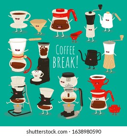 Coffee illustration set, coffee brewing methods. Collection of vector coffee makers, syphon, coffee cups, pots and kettles. Use for card, poster, banner, web design and print.