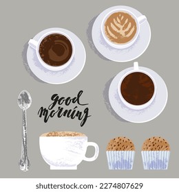 Coffee illustration set. Coffee cups, espresso, latte, cappuccino, coffee stains, muffins. Vector set for drinks menu background.